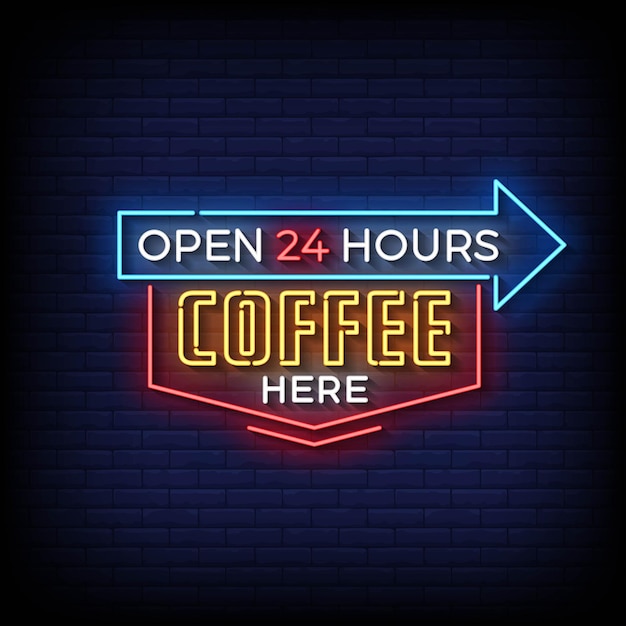 Neon sign koffie hier met bakstenen muur achtergrond vector