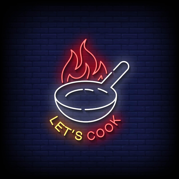 Neon Sign lets cook with Brick Wall Background Vector