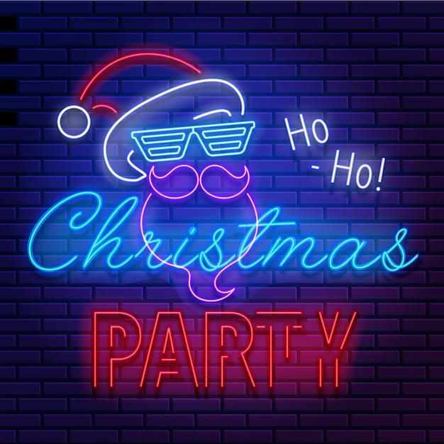 Neon sign lettering christmas party with santa claus on brick wall background glowing inscription banner vector illustration