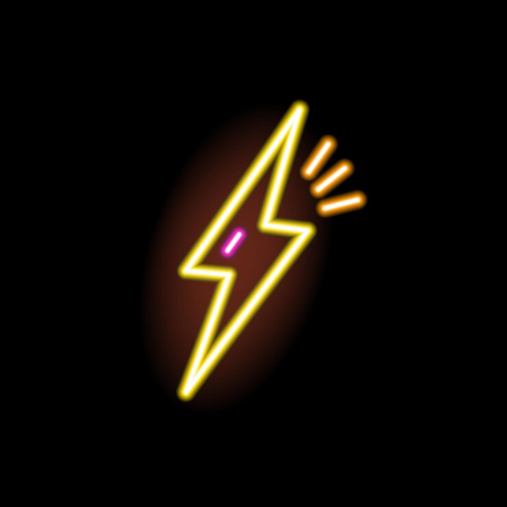 Vector neon sign of lightning glowing on black background. fluorescent stylish signboard. decorative illuminated element. bright shiny retro signboard. outline vector illustration.