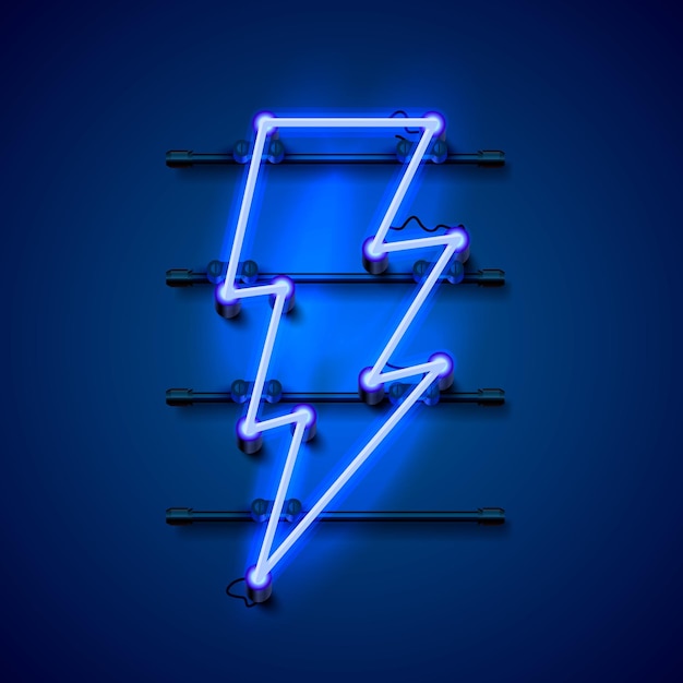 Neon sign of lightning signboard on the blue background. Vector illustration