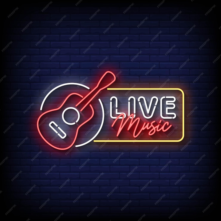 Premium Vector | Neon sign live music with brick wall background vector