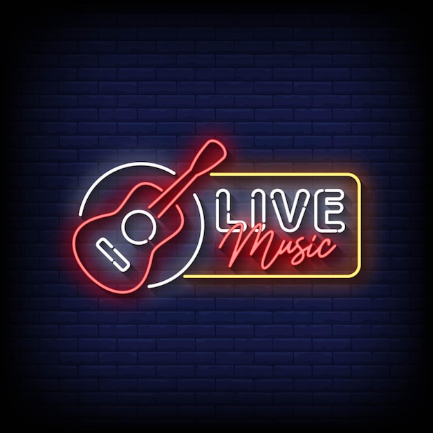 Neon Sign live muziek met bakstenen muur achtergrond Vector