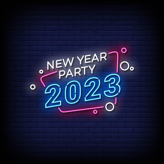 벽돌 벽 배경 벡터와 네온 사인 신년 파티 2023