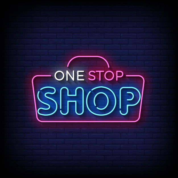 Neon sign one stop shop with brick wall background vector
