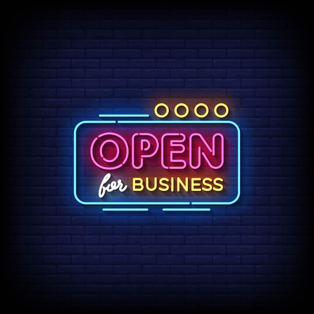 Neon Sign open for business with brick wall background vector