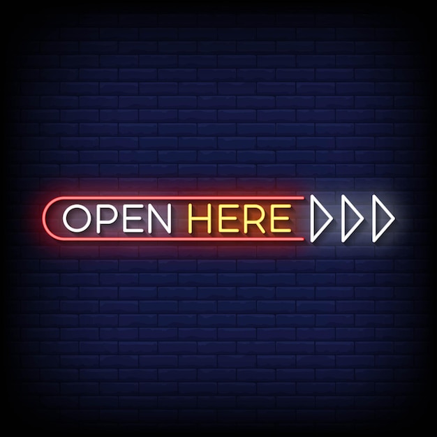 neon sign open here with brick wall background vector illustration