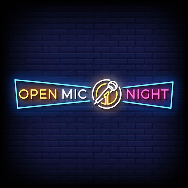 Neon Sign open mic night with brick wall background vector