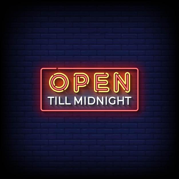 neon sign open till midnight with brick wall background vector illustration