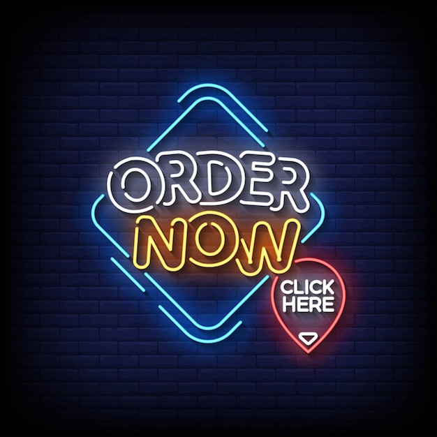 Neon sign order now with brick wall background vector