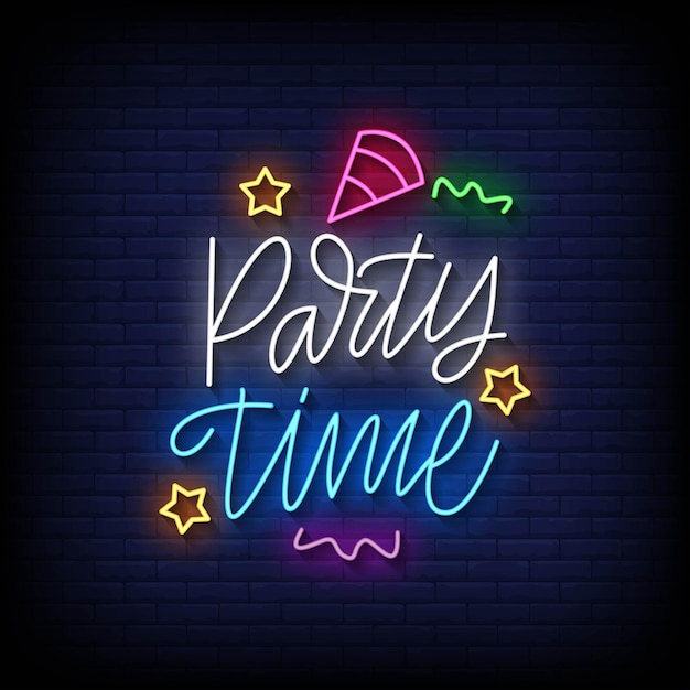 Vector neon sign party time with brick wall background vector illustration