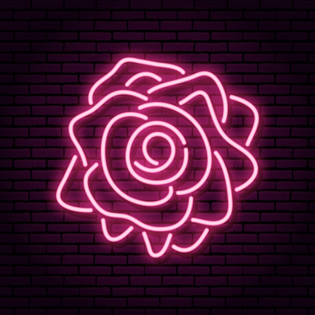 Vector neon sign. pink rose flower top view. against the background of a brick wall.