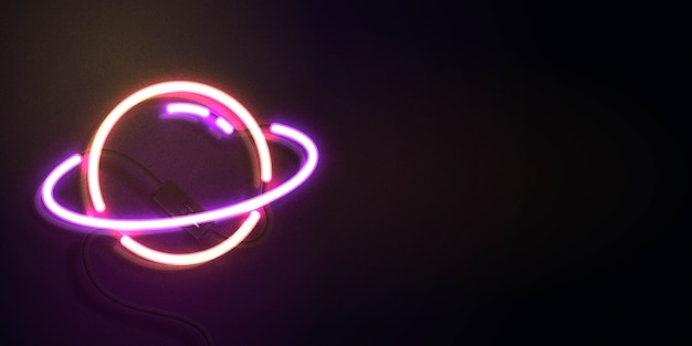 neon sign of Saturn with copy space