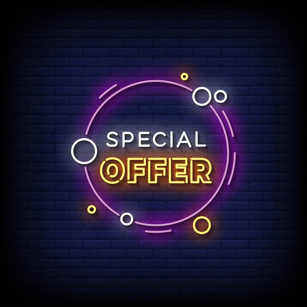 Neon sign speciale aanbieding met bakstenen muur achtergrond vector