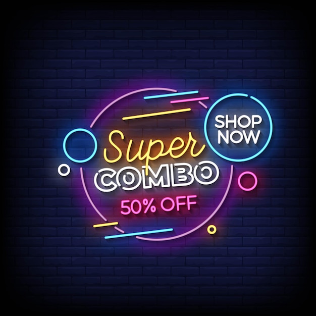 Vector neon sign super combo with brick wall background vector