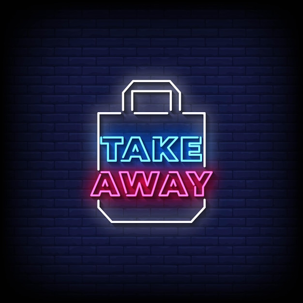 Neon sign take away with brick wall background vector