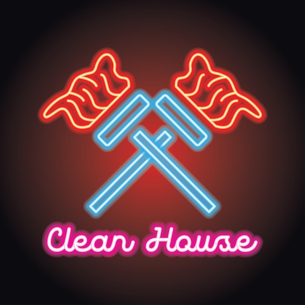 Vector a neon sign that says clean house with neon light effect