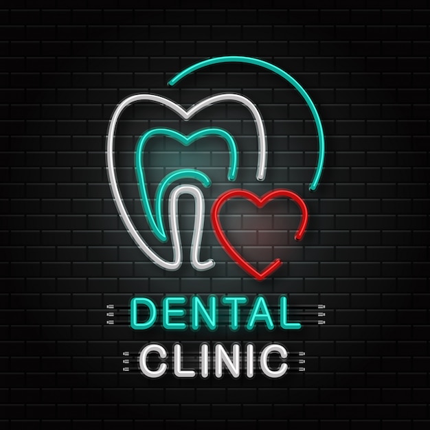 Insegna al neon del dente per la decorazione sullo sfondo della parete. logo al neon realistico per clinica odontoiatrica. concetto di sanità, professione di dentista e medicina.