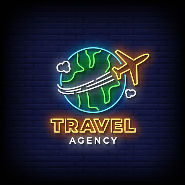 Neon sign travel agency with brick wall background vector