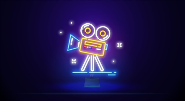 Neon sign of a video camera on a stand. a luminous sign with equipment for the production of retro films. night bright advertising. vector illustration in neon style for vintage films, filmmaking.