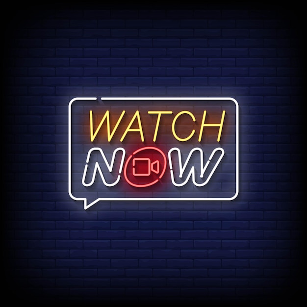 Neon sign watch now with brick wall background vector