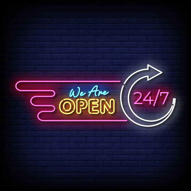 Neon sign we are open with brick wall background vector