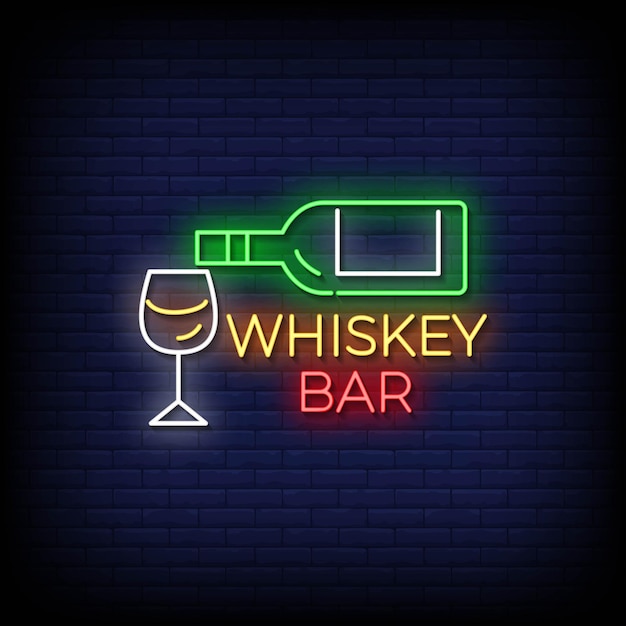 Bar di whisky con segno al neon con vettore di sfondo a parete di mattoni