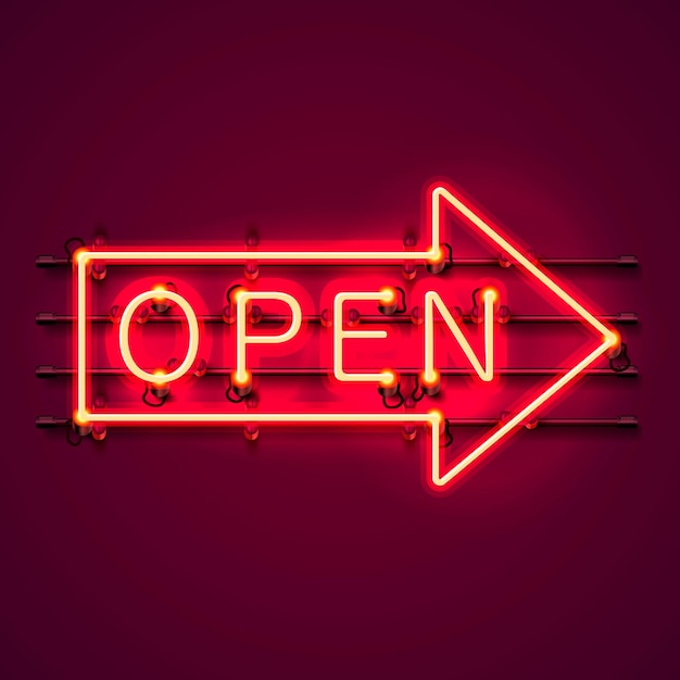 Neon sign with text open arrow, entrance is available. vector illustration