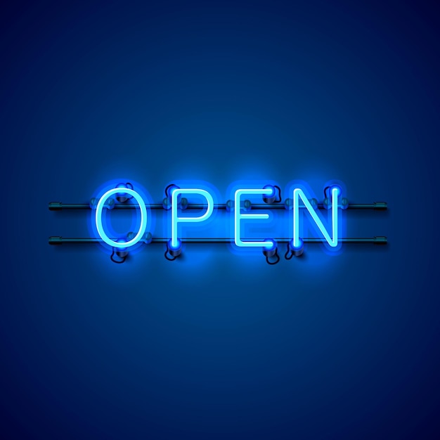 Neon sign with text open, entrance is available. vector illustration