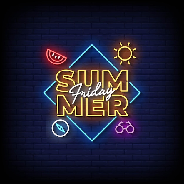 Neon Sign zomer vrijdag met bakstenen muur achtergrond vector