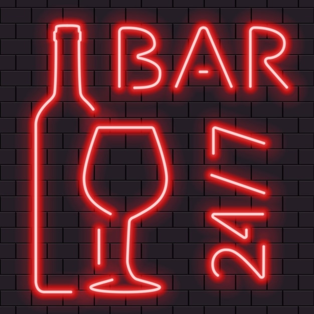 Neon signboard for bar with red bottle and wine glass on a brick wall background