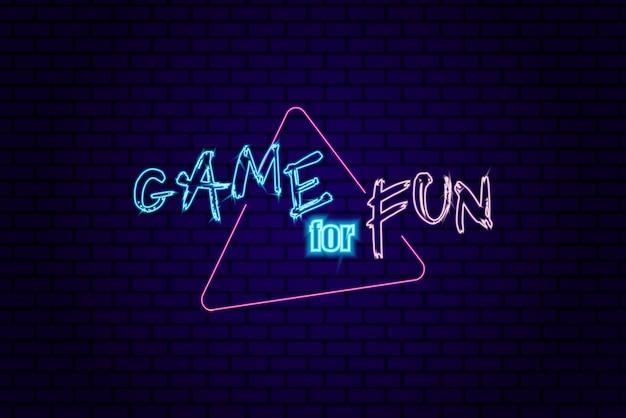 Neon signboard for game decoration. Festive icon with pink and blue colors lettering and triangular