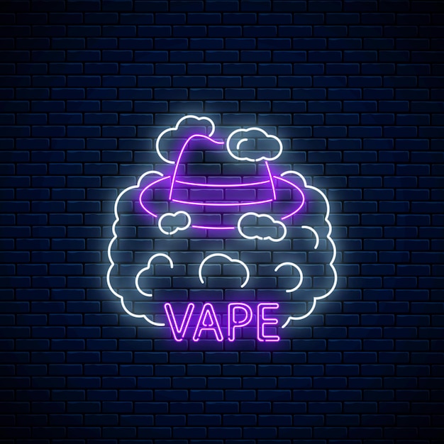 Вектор Неоновая вывеска вейп-магазина или клуба на фоне темной кирпичной стены. светящийся неоновый знак с мужской шляпой в дыме vape. символ магазина вейпинга.