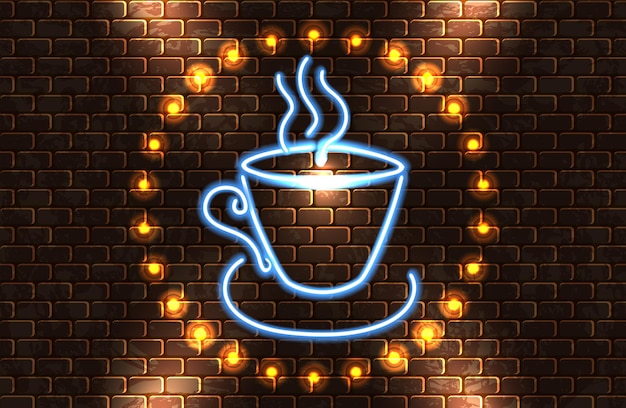 Вектор Неоновая вывеска со светящейся кофейной чашкой и надписью coffee time на кирпичной стене для рекламы кафе или бара в стиле ретро