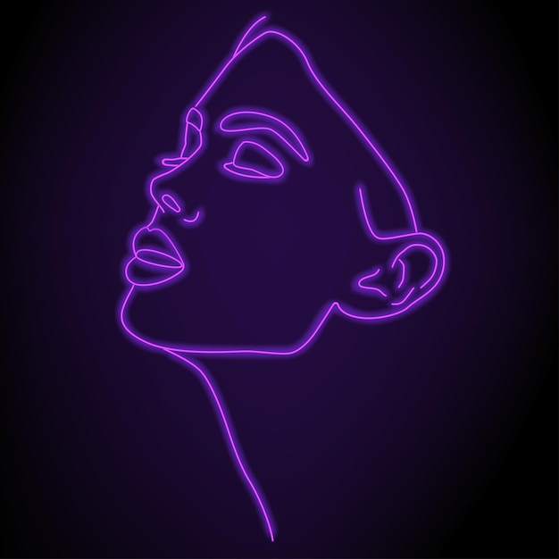 Neon silhouette of a girl Vector illustration Portrait in one line