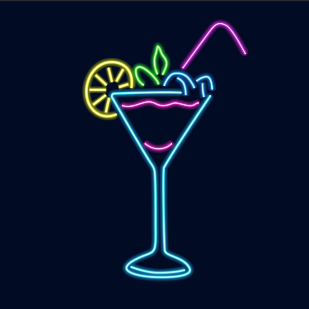 Vettore silhouette al neon di un bicchiere con un cocktail isolato su uno sfondo scuro.