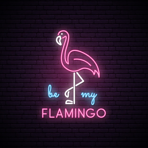 Neon silhouette of pink flamingo.