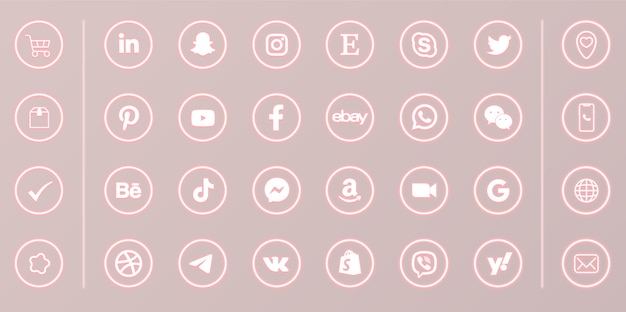 Neon social media rotonde icone incandescente impostato su sfondo rosa