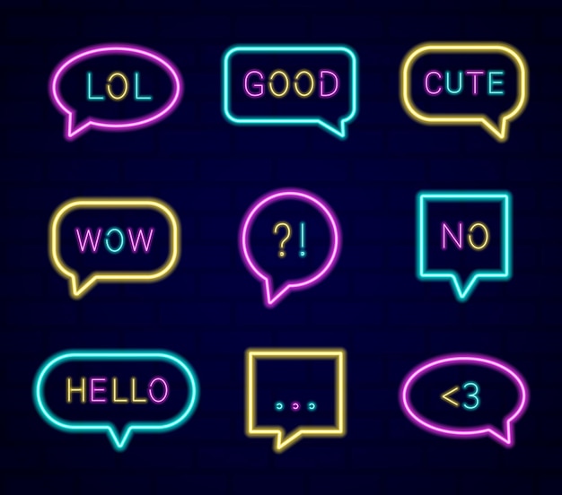 neon speech bubbles signs neon lettering shiny glowing effect 90s 80s style messaging