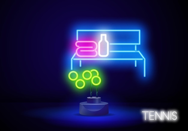 Vettore icona del banco sportivo al neon con palline da tennis asciugamano e bottiglia d'acqua fitness club sport e pubblicità design notte luminosa insegna al neon cartellone luminoso colorato banner