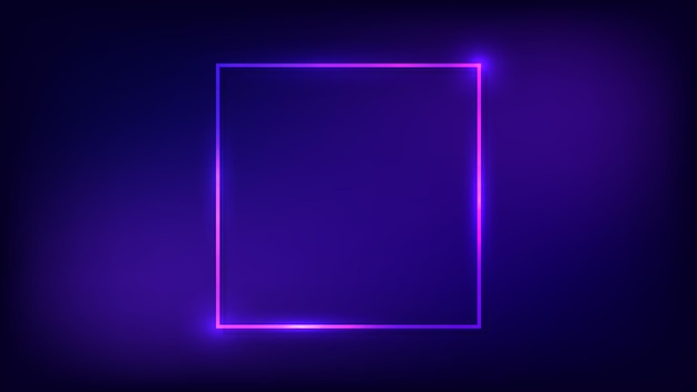 Cornice quadrata al neon con effetti brillanti su sfondo scuro. sfondo techno incandescente vuoto. illustrazione vettoriale.
