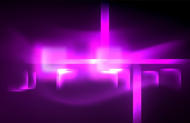 Neon square and line lights on dark background with blurred effects