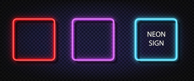 Neon square sign. Glowing color vector set realistic neon square. Shining led or halogen lamps frame banners