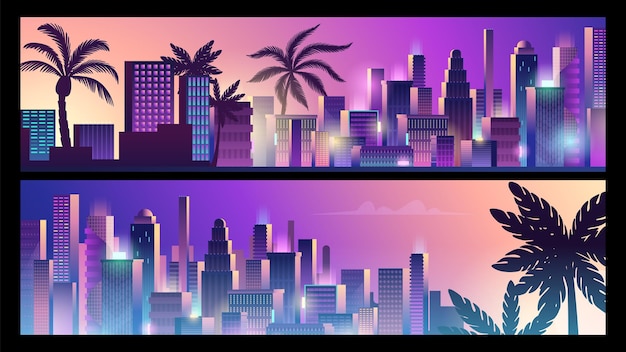 Vector neon stad banners cyberpunk stijl achtergrond centrum en palmen silhouetten vector sjabloon