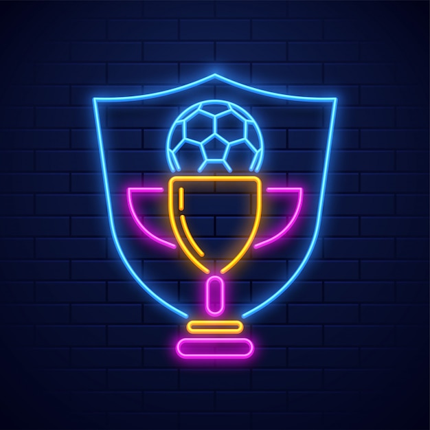 Illustrazione al neon del premio del trofeo di calcio al neon sul fondo del muro di mattoni