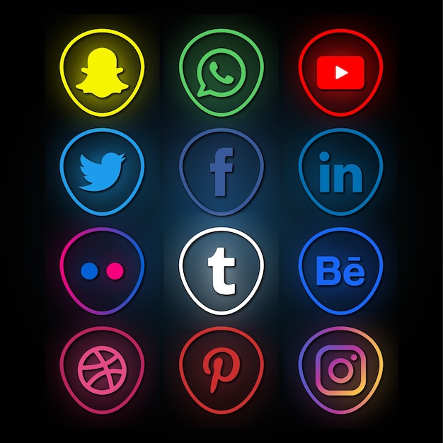 Vector neon style social media logo collection