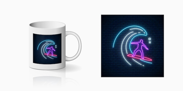 Stampa estiva al neon con surfista in onde dell'oceano per il design della coppa. uomo sulla tavola da surf su onde design in stile neon per mug