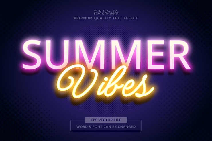 Vector neon summer vibes editable text effect font style