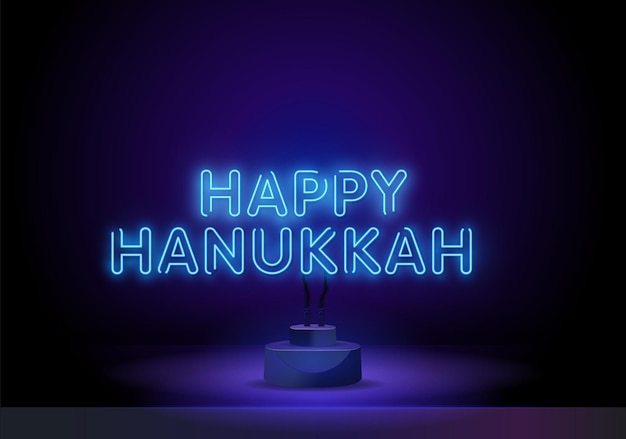 Neon teken gelukkig teken van chanoeka vector achtergrond van chanukah met menora en ster van david een ele...