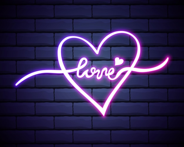 Neon teken het woord liefde met hart op donkere achtergrond ontwerpelement voor happy valentine's day klaar voor uw ontwerp wenskaart banner vectorillustratie